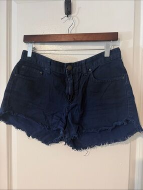 Free People Navy Frayed Hem Jean Shorts